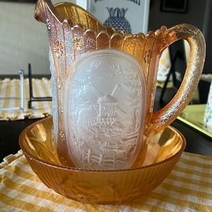Imperial Carnival Glass Pitcher with bowl in Marigold & Frosted Glass pictures.